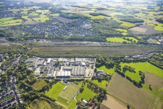 Aerial view, marshalling yard Hamm, industrial area Schieferstraße and residential area district