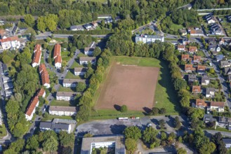 Aerial view, residential area Pelkum with Aschenplatz, housing estate terraced houses Kobbenskamp,