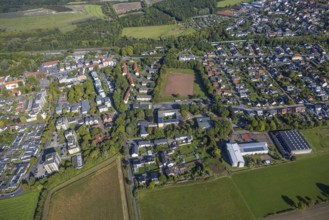 Aerial view, residential area Pelkum with Aschenplatz, housing estate terraced houses Kobbenskamp