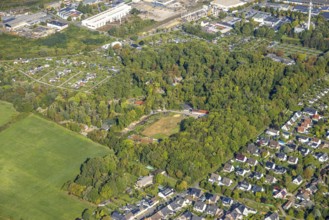Aerial view, animal park Hamm, fallow land, KGV allotment garden association Bahn-Landwirtschaft