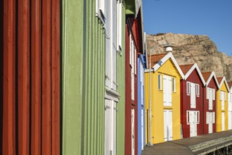 Colourful boathouses in the harbour of Smögen, Smögenbryggan, Västra Götalands Län, Bohuslän,