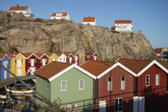 Colourful boathouses in the harbour of Smögen, Smögenbryggan, Västra Götalands Län, Bohuslän,