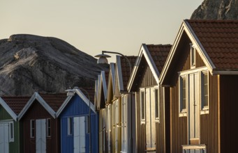 Boathouses between rocks in the harbour of Smögen, Smögenbryggan, Västra Götalands Län, Bohuslän,