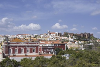 Cityscape with cathedral and Castelo dos Mouros castle, Silves, Algarve, Portugal