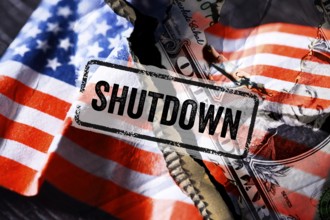 Torn US flag with dollar bill and Shutdown lettering, photomontage