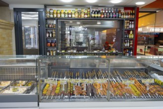 Barbecue skewers with meat and vegetables displayed in a market, Gntunik supermarket, Aragazotn