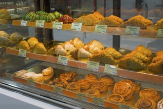 Different types of pastries displayed in a sales counter, Gntunik supermarket, Aragazotn province,