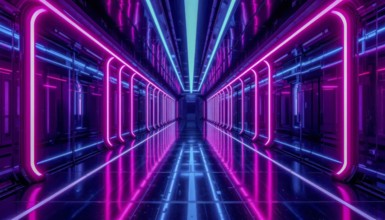 A mesmerizing perspective of a futuristic corridor bathed in vibrant neon lights, creating a sense