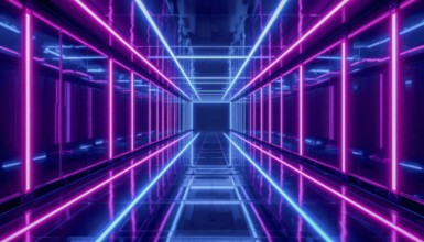 A perspective view of a neon-lit tunnel with pink and blue lights, creating a futuristic and