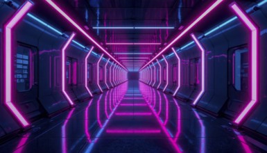 A long, futuristic corridor is illuminated by vibrant neon lights, creating a sense of depth and