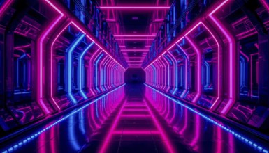 A mesmerizing perspective of a neon-lit tunnel with a futuristic design, featuring pink and blue
