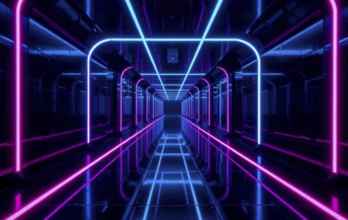 A mesmerizing perspective of a neon-lit tunnel, featuring a symmetrical design with glowing pink