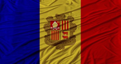 Andorran flag waving. Flag of Andorra with cloth texture