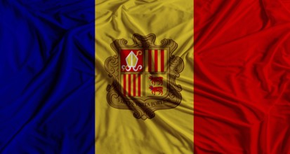 Andorran flag with fabric texture background. National flag of Andorra