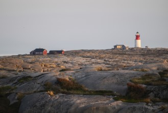 Lighthouse and houses in stony landscape at sunset, archipelago, Smögen, Smögenbryggan, Västra