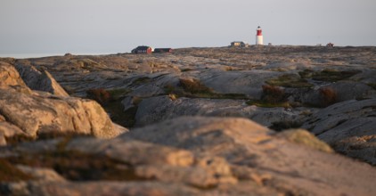 Lighthouse and houses in stony landscape at sunset, archipelago, Smögen, Smögenbryggan, Västra