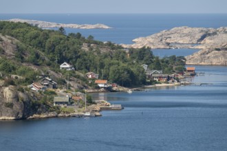 View over archipelago landscape and summer houses, Fjällbacka, Bohuslän, West Sweden, Sweden