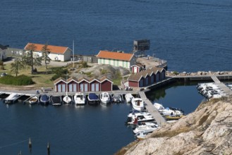 Harbour, boathouses and lido, Fjällbacka, Bohuslän, West Sweden, Sweden