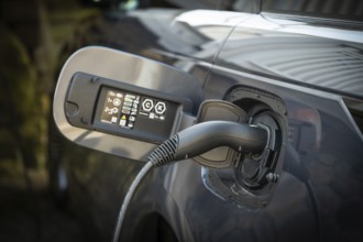 Close-up of an electric car charging point with cable, Fjällbacka, Bohuslän, western Sweden, Sweden