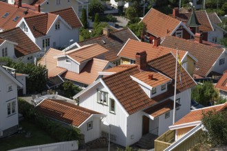 Bird's eye view of traditional, white Scandinavian wooden houses with orange-red roofs, Fjällbacka,