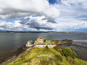 Blackness Castle over Forth Estuary from a drone, Blackness, Scotland, United Kingdom