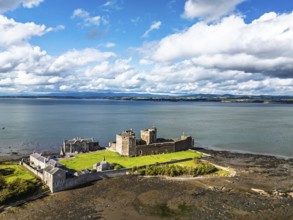 Blackness Castle over Forth Estuary from a drone, Blackness, Scotland, United Kingdom