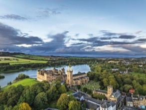 Sunset over Linlithgow Palace from a drone, Linlithgow Loch, West Lothian, Scotland, United Kingdom