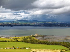Blackness Castle over Forth Estuary from a drone, Blackness, Scotland, United Kingdom