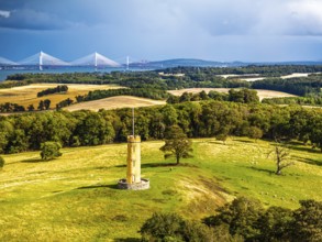 Binns Tower over Scotish farms and Forth Estuary from drone, House of the Binns, Linlithgow,