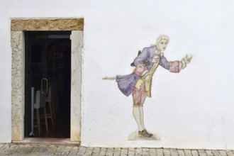 Entrance of a restaurant with azulejo, Faro, Algarve, Portugal