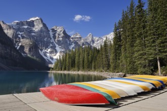 Canoes at Moraine Lake, Valley of the Ten Peaks, Banff National Park, Alberta, Canada