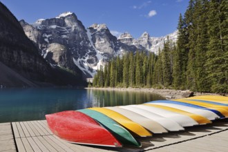 Canoes at Moraine Lake, Valley of the Ten Peaks, Banff National Park, Alberta, Canada