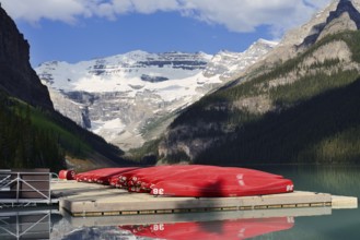 Red canoes at Lake Louise, Banff National Park, Alberta, Canada