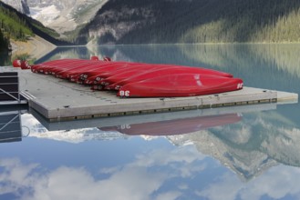 Red canoes at Lake Louise, Banff National Park, Alberta, Canada