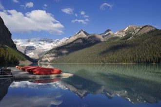 Red canoes at Lake Louise, Banff National Park, Alberta, Canada
