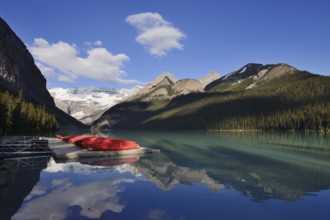 Red canoes at Lake Louise, Banff National Park, Alberta, Canada