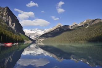 Red canoes at Lake Louise, Banff National Park, Alberta, Canada