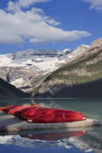 Red canoes at Lake Louise, Banff National Park, Alberta, Canada