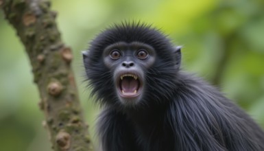 A close-up shot of a Black-headed Spider Monkey (Ateles fusciceps robustus), wide eyes, and an open