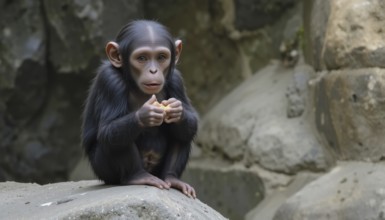 A young chimpanzee cub (Pan troglodytes), with dark fur, sits on a rock and holds a piece of food.