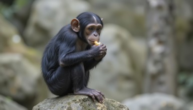 A young chimpanzee sits on a rock, holding and eating a piece of food. The background is blurred,