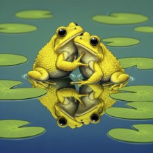 Two adorable yellow frogs are lovingly embracing each other, their reflection mirrored in the
