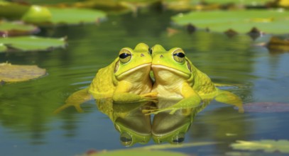 Two vibrant green frogs are seen together in a pond, their reflections mirroring them in the water.