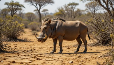 A solitary warthog (Phacochoerus aethiopicus), with its distinctive tusks, traverses a parched