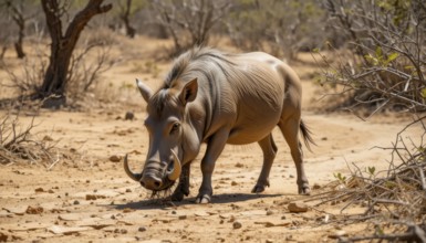A close-up shot captures a warthog (Phacochoerus aethiopicus) in the wild, showcasing its