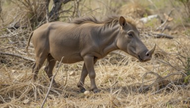 A close-up shot of a warthog (Phacochoerus aethiopicus), a wild pig species, walking through dry