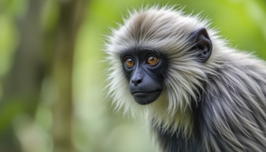 A captivating portrait of a monkey with distinctive fur patterns and intense gaze, set against a