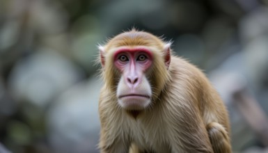 A detailed portrait of a Rhesus macaque monkey, showcasing its distinctive facial features and fur.