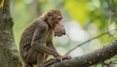 A Proboscis Monkey (Nasalis larvatus) with light brown fur sits on a tree branch, looking to the