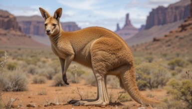 A majestic kangaroo stands tall in a desert environment, with red rock formations in the background